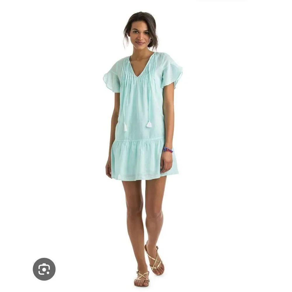 Vineyard Vines Linen Blend Mint Flutter Sleeve Pintucked Mini Dress sz 00 NWOT